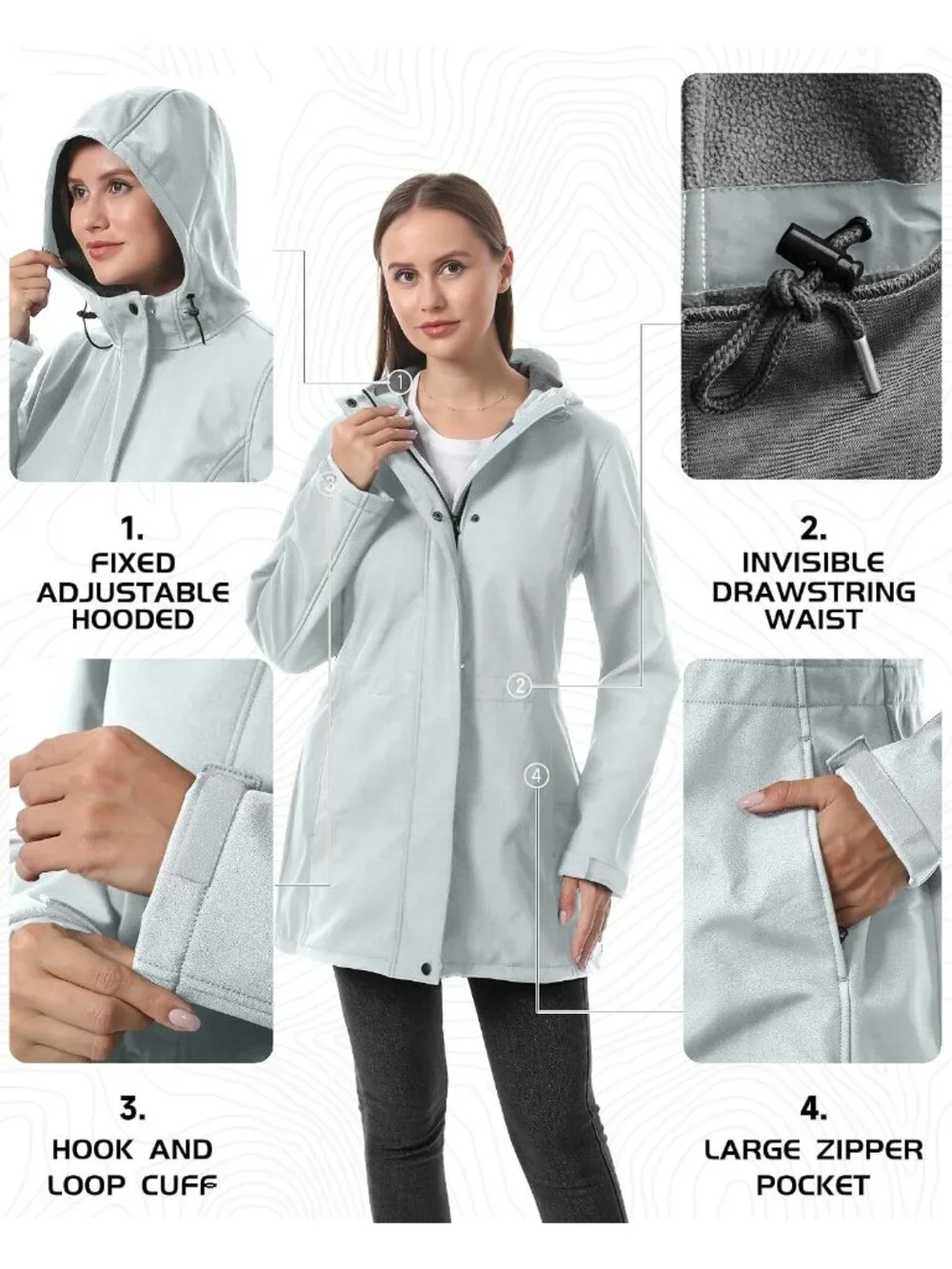 Women's White Hooded Fleece Lined Waterproof Hiking Softshell Long Rain Jacket